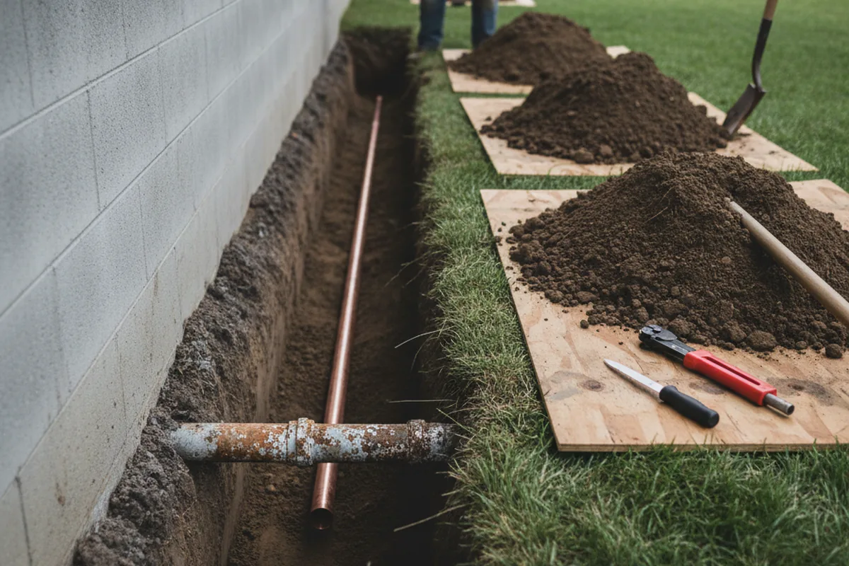 Excavated water line trench during Sewer Line Repair in Drums